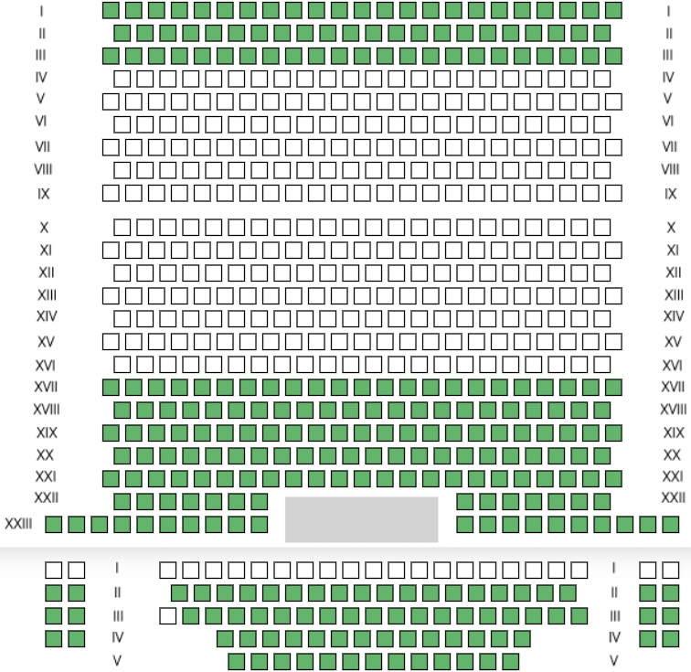 Graficzny plan sali w Bielskim Cenrum Kultury z zaznaczonymi na zielono wolnymi miejscami do sprzedaży